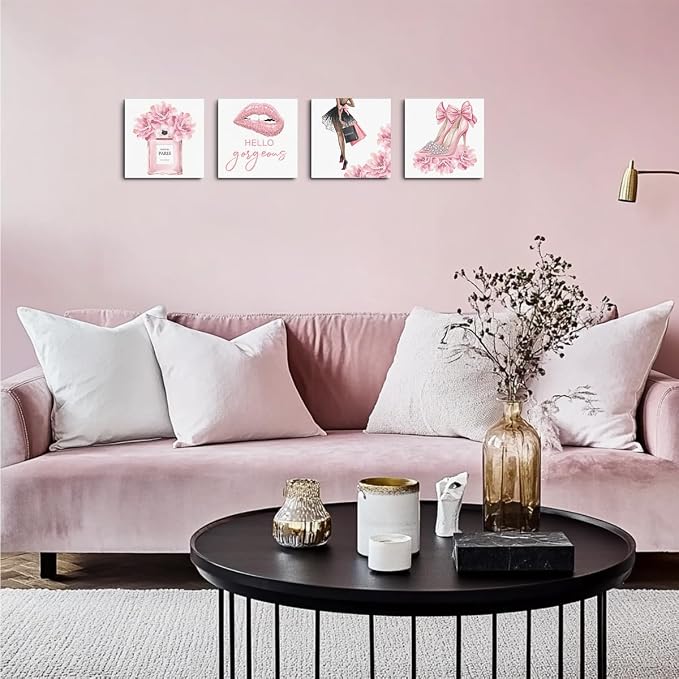 Pink Fashion Canvas Wall Art, Perfume High Heels Lipstick Beauty Wall Decor | Aesthetic Framed Posters Art Prints Artwork Pink Pictures for Women Girls Room Apartment Vogue Living Room Decor Set of 4