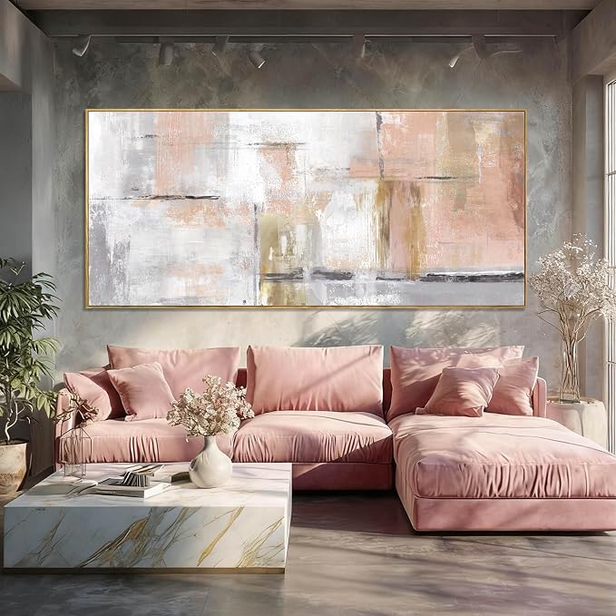 SOUGUAN Contemporary Home Wall Decor Pink and White Canvas Painting Abstract Wall Art 32"x70" Decorations for Bedroom Kitchen Artwork