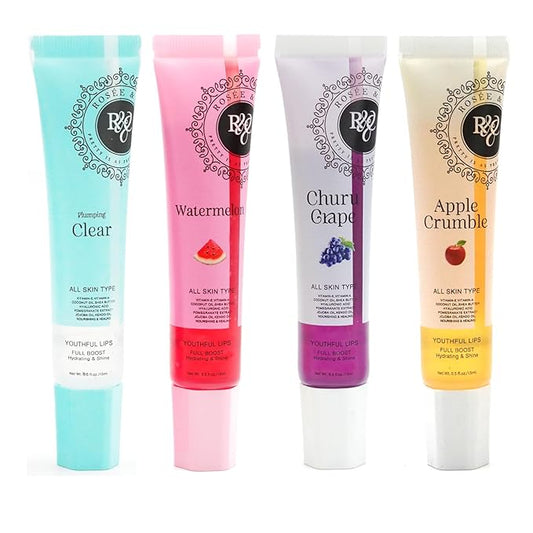 Rosee Lip Gloss Vegan & Cruelty Free Treatment, Professional Make up, Long Lasting Glossy with Shea Butter, Moisturize, Protect & Smooth, High Shine, Non-Sticky (v. Set of 4-3, 0.5)