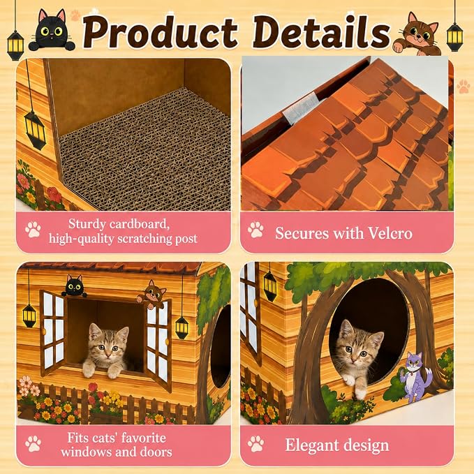 Cinrobiye Cardboard Cat House with Scratcher, Indoor Cat Condo Cat Cave Hideout with Scratch Pad, Cardboard Cat Playhouse Bed for Cats, Kittens, Rabbits & Small Pets (Brown2)