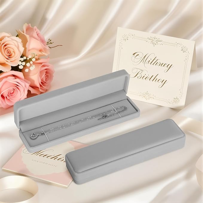 KUKUVR 2 Pcs Velvet Necklace Gift Box, Long Jewelry Storage Holder Case for Chain Pendant Bracelet Engagement Birthday Anniversary (Grey)