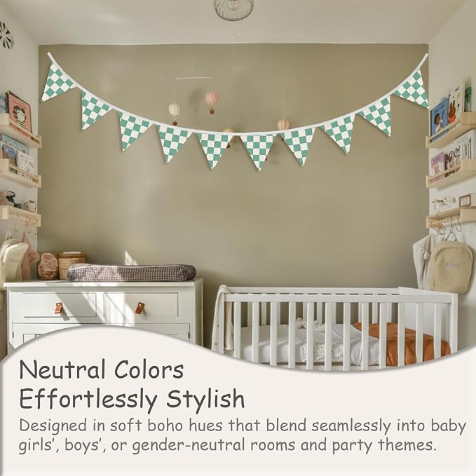 Green Classroom Wall Decor, Green and White Checkered Garland Triangle Banners, Boys Room Wall Art Decor,Cars Room Decor for Toddler Nursery Playroom,Racing Flag 11Ft Bunting Flags Fabric