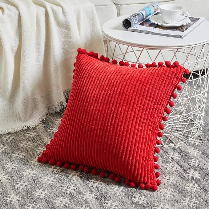 Fancy Homi Pack of 2 Red Decorative Throw Pillow Covers with Pom-poms 18 x18, Soft Corduroy Solid Square Cushion Cases Set for Couch Sofa Bedroom Car Living Room (18x18 Inch/45x45 cm, Red)