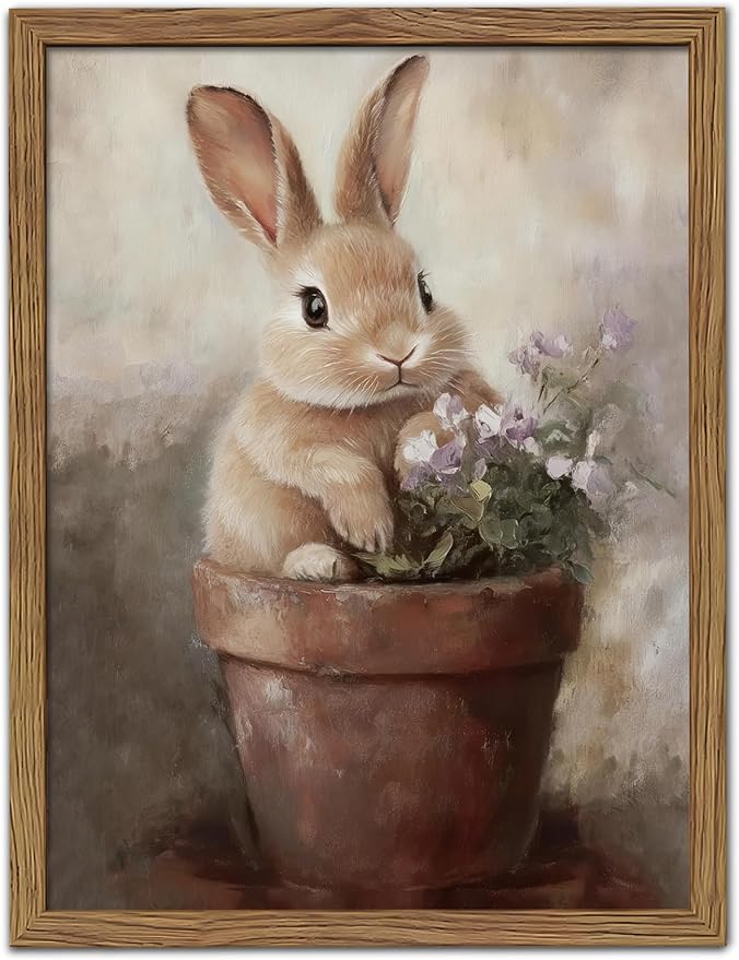 AKWISH Vintage Easter Wall Art Poster, Cute Rabbit in Flower Pot Picture Prints, Cottage Farmhouse Bunny Canvas Artwork, Holiday Wall Decor for Kids Room Girls Bedroom Living Room 8x10 inch Unframed