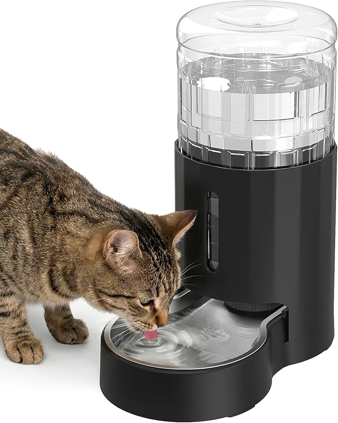 JUNSPOW Cat Water Dispenser with Stainless Steel Bowl (4L Black) | Automatic Gravity Water Dispenser for Cats or Small Medium Size Dogs, Large Capacity, Easy to Clean