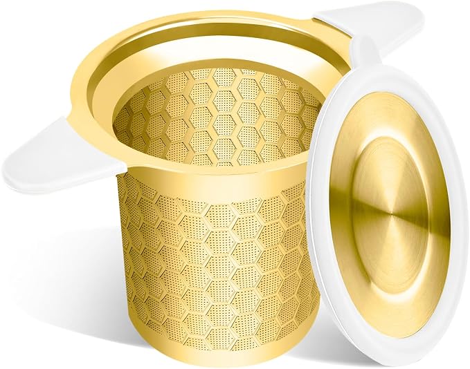 Tea Infuser for Loose Leaf Tea, Extra Fine 304 Stainless Steel Tea Strainer Stepper with Heat-Resistant Silicone Handles and Lid, Large Capacity Tea Basket Filter for Mug, Cup (Gold)