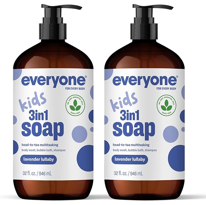 Everyone 3-in-1 Kids Soap, Body Wash, Bubble Bath, Shampoo, 32 Ounce (Pack of 2), Lavender Lullaby, made with Essential Oils for Toddlers, Tweens and Teens