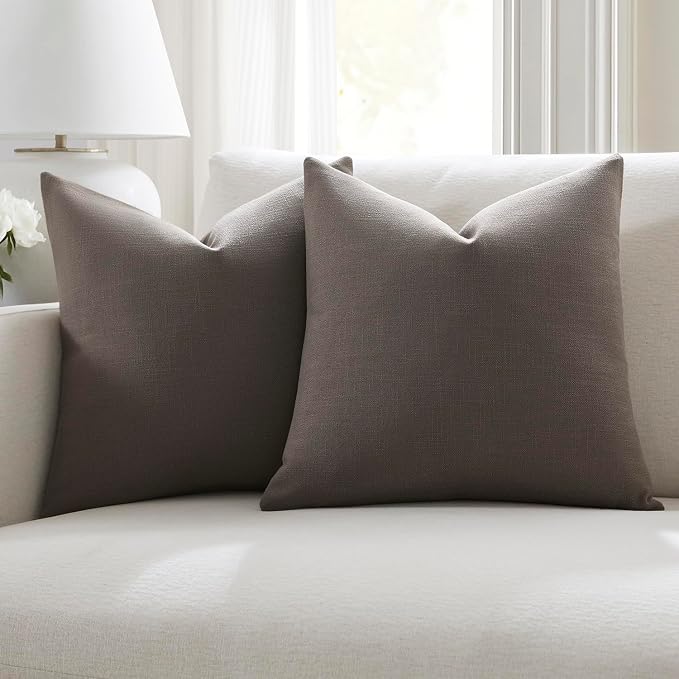 Meekio Set of 2 Taupe Throw Pillow Covers 18x18, Modern Farmhouse Linen Blend Decorative Pillow Covers for Couch Sofa Bed, Neutral Home Decor