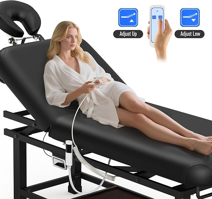 Dolonm Heating Function 30 Wide x 75 Long Heavy Duty Electric Stationary Massage Table with Backrest Adjustable and Storage Space for Treatment/Medical Spa/Facial/Beauty/Massage Bed and More - Black