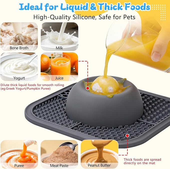 Slow Feeder Dog Bowls & Lick Mat for Liquid and Thick Treat, Anti-Slip Dog Lick Bowl with Interactive Rolling Ball, 5/6 Cup Pup Licking Toy for Large Medium Small Dogs and Cats Gray