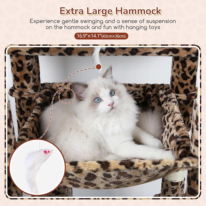 Globlazer Heavy Duty Leopard Cat Tree, 70in Sturdy Cat Tree for Indoor Cats Sturdy Large Cat Tower with Scratching Post & Board, Hammock, 2 Cat Condo for Adult Cats Kittens, F70 Pro, Leopard Print