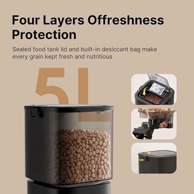 Automatic Cat Feeder, 5G WiFi APP Control Automatic Pet Feeder, 5L Cat Dry Food Dispenser with Remote Feeding,10 Meals Programmable 1-15 Portion Control Auto Dog Feeders for Cats,Puppy