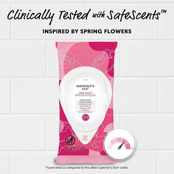 Summer's Eve Sheer Floral Feminine Wipes, Gentle pH-Balanced Formula Helps Control Vaginal Odor, Resealable Pack, 32 Wipes, Pack of 4