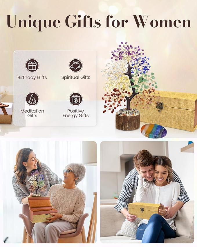 7 Chakra Crystal Tree of Life with Worry Stone (Set 2) - Unique Birthday Gifts for Women, Valentine's Day Gift, Chakra Trees Healing Positive Energy for Home Decor, Office Desk Decor, Gift for Mom