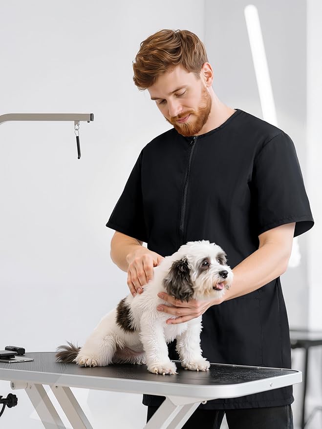 2 Pack Water-resistant Pet Grooming Workwear Short Sleeve Drawstring Zipper Uniform with Pocket for Men Women