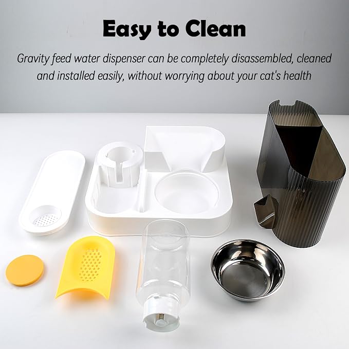 2 in 1 Automatic Cat Feeder and Water Dispenser Combo,All-in-One Dog Food and Water Dispenser Set with Stainless Steel Food Bowl Detachable Gravity Feeder for Cat Kitten Small Dog(Yellow)