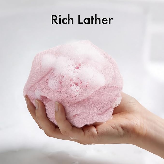 Bathway Exfoliating Washcloth, Nylon Bath Towel Body Scrubber with Hanging Strap, Back Scrubber for Shower Japanese Washcloth Loofah - Deep Clean & Rich Lather (Pink & White & Grey, Pack of 3)