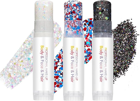 3 Pcs Body Glitter Gel, Face Glitter Body Gel Sequins, Mermaid Glitter Stick Shine Hair Eyeshadow Black Blue Red Face Body Glitter Concerts Music Festivals Halloween Shimmer Makeup