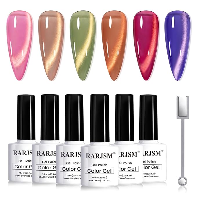 RARJSM Golden Glassy Glitter Cat Eye Gel Nail Polish Set 6Pcs Champagne Rose Pink Olive Green Amber Orange Ruby Red Royal Blue Smoothie Cateye Gel Polish with Magnetic Stick Curing Require Home Salon