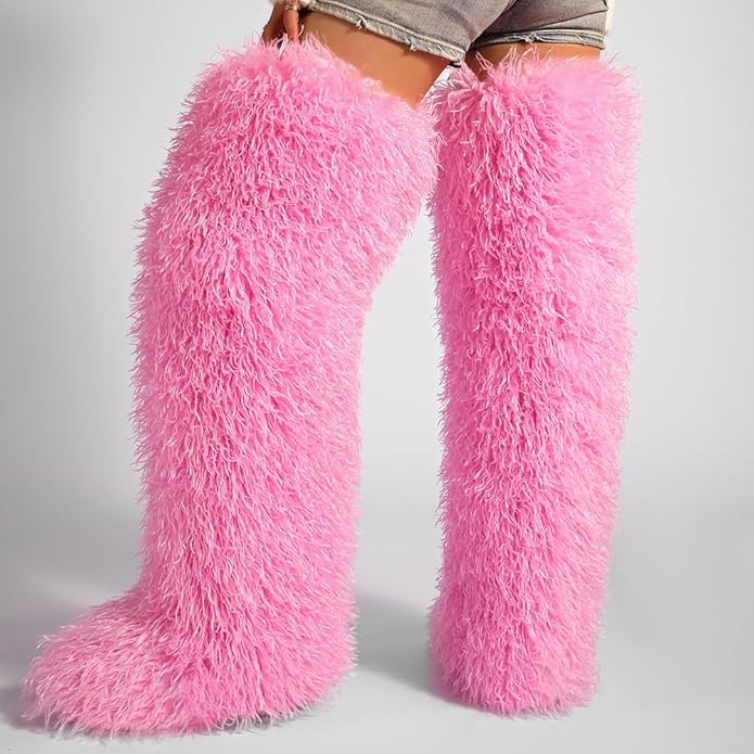 SWEETHEART BEAUTY Thigh High Shagy Teddy Fur Boots, 29 Inch Over the Knee Length Fluffy High Boots, Tall Furry Shoes For Women