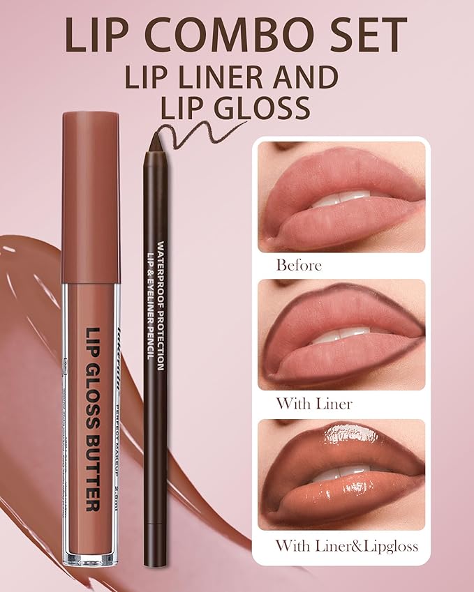 3Pcs Hydrating Lip Gloss with Brown Lip Liner Combo Set,Plumping Lip Liner Moisturizing Nude Tinted Lips Glow Oil,Lightweight Non Sticky Liquid Lipstick Women Lipstain Makeup Long Lasting Lipgloss -08