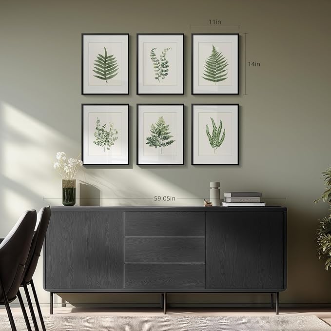 Framed Modern Green Tropical Fern Botanical Wall Art, 6 Piece 11x14 In | Leaf painting, Plant leaves wall decor, Plexiglass with mat prints, Ready to hang artwork, Living room bedroom pictures