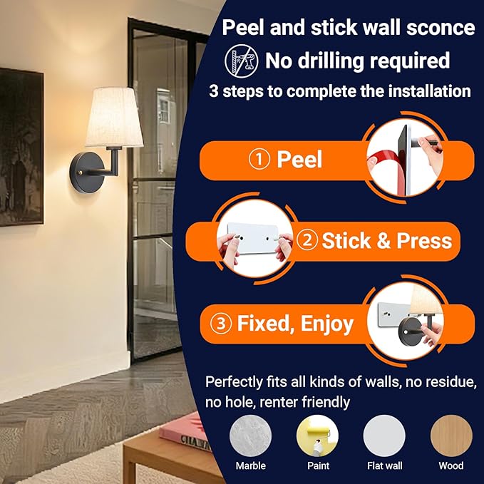 YHCDLAMP Peel and Stick Wall Sconces, No Drilling Stick On Wall Sconce, Wireless Battery Operated Wall Lights, Adhesive Wall Lamp with 10000mAh Battery Bulb for Bedroom Living Room Decor