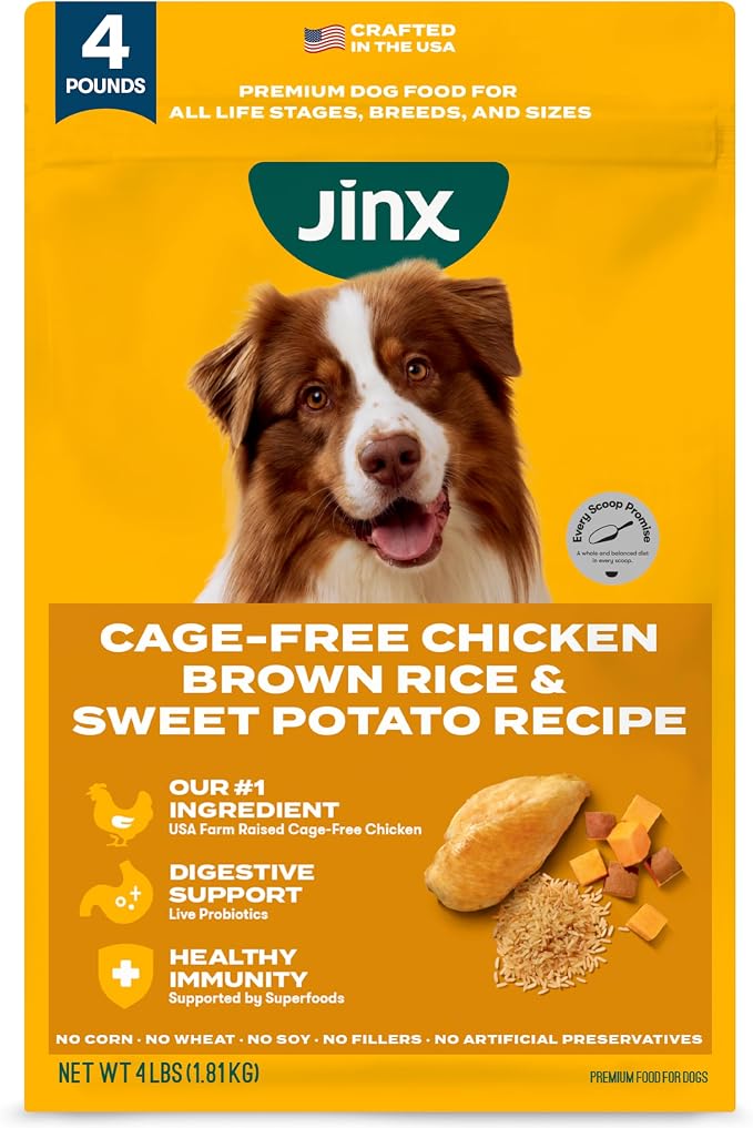 Jinx Premium Dry Dog Food, for All Lifestages - Real Chicken, Brown Rice & Sweet Potato Kibble with Superfoods for Immune Support & Probiotics for Digestive Support - No Fillers - 4lb | Premium Kibble for Digestive Support & Healthy Immunity - No Fille...