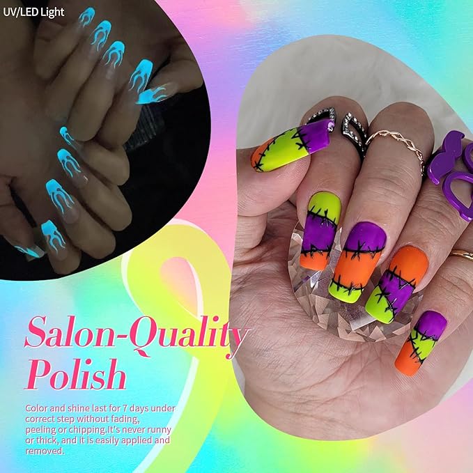 Born Pretty Neon Nail Polish Set, 6 Colors Halloween Quick Dry Nail Polish Hot Pink Orange Yellow Green Blue Purple Fingernail Polish 10ml 0.34oz Fluorescent Glossy Nail Lacquer Polish Set