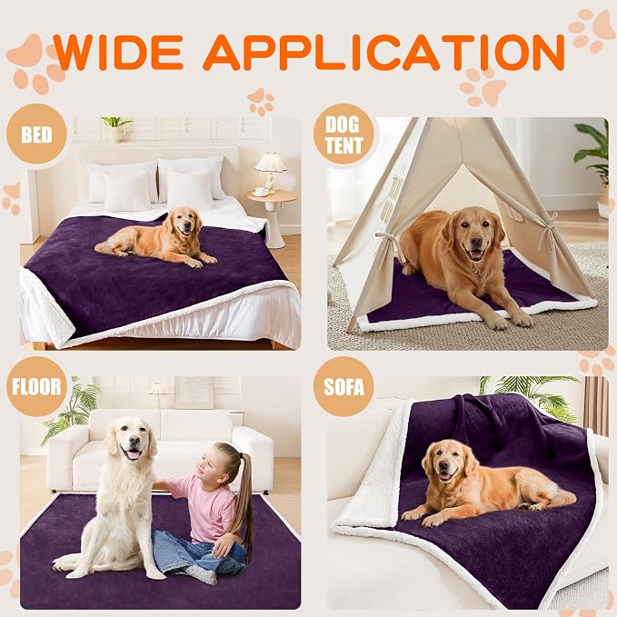 Smiry Waterproof Blanket Throw, Reversible Dog Blanket for Sofa Couch Bed | Soft Leakproof Sherpa Fleece, Washable Furniture Couch Protector for Large Dogs Cats, 50"x60", Dark Purple/White