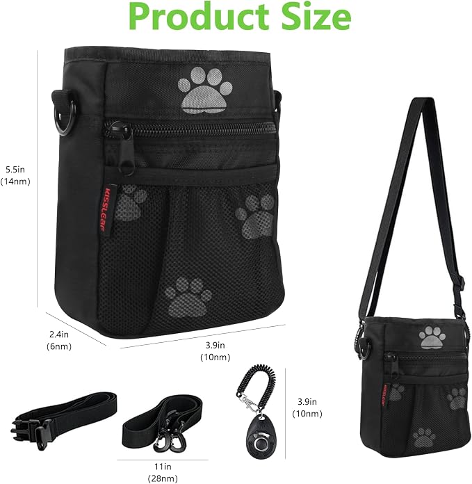 kissleaf Dog Treat Pouch, Magnetic Closure, Dog Clicker- Black Pattern