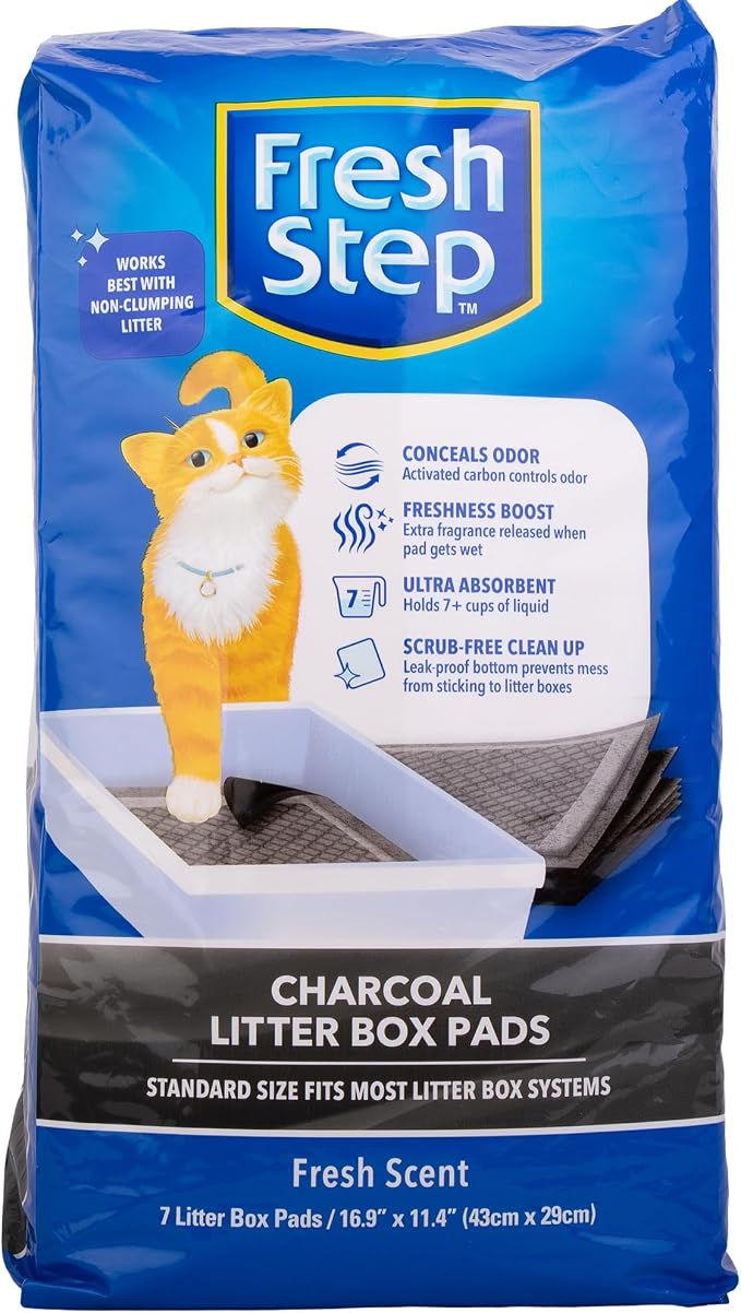 Fresh Step Charcoal Cat Litter Box Pads, Activated Carbon, 7 Count | Ultra-absorbent, leak-proof bottom, scrub-free cleanup, controls odor, 16.9 x 11.4 inch pads