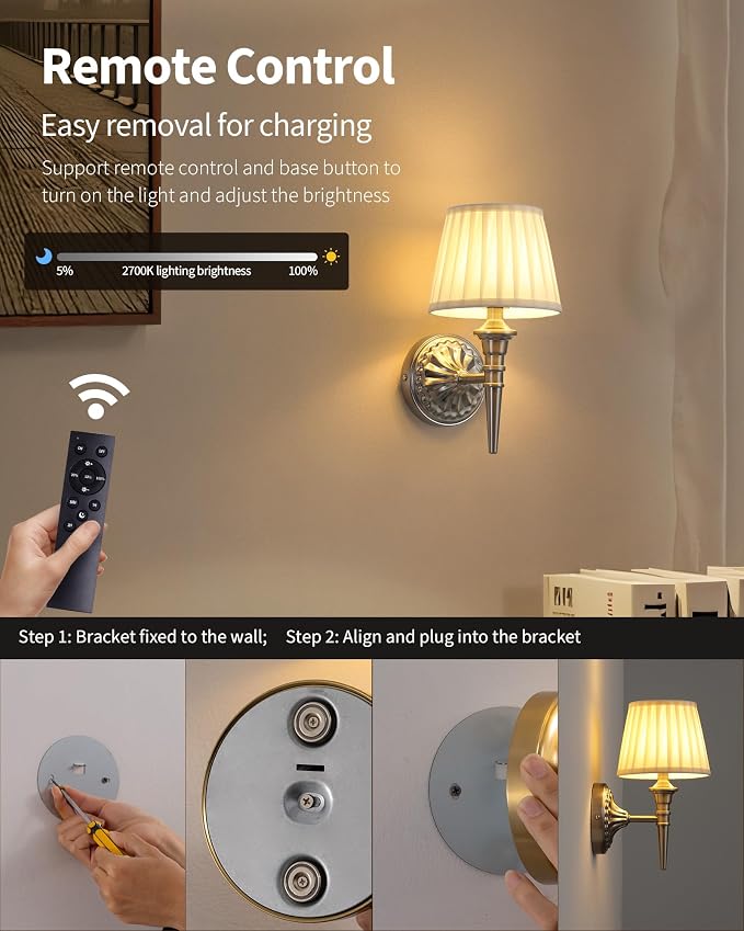 KDG Cordless Nickel Wall Sconces Set of 2, Beige Fabric Lampshde Wall Lamps | Small LED Wireless Portable Rechargeable Battery Lighting for Wall Painting, Living Room, Bedroom, Hallway, Gifts, Nightlight