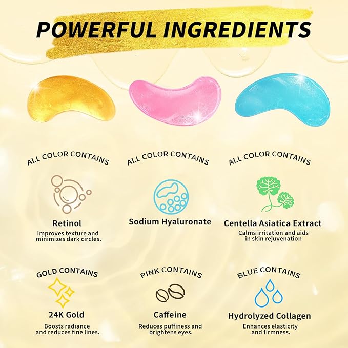 Under Eye Patches(12 Pairs), 24K Gold, Caffeine, Retinol Eye Masks for Puffy Eyes, Wrinkles, Dark Circles, Undereye Bags Treatment - Restoring & Awakening & Moisturizer Skin care Gift for Women