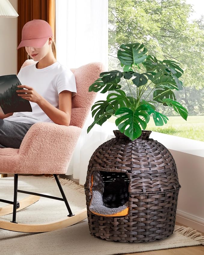 SETVSON Cat Litter Box Plant Furniture Enclosure, PE Rattan House, Brown | Decorative Planter Design, Removable Top for Easy Cleaning, Built-in Litter Box, Compact 20x20x38.97 Inches, PE Rattan House