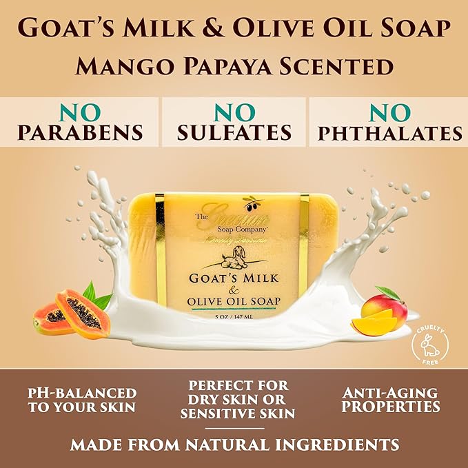 The Grecian Soap Company Goat Milk & Olive Oil Soap Bar 3-Pack – Mango Papaya Scent, Natural Bar Soap for Dry & Sensitive Skin, Moisturizing & Nourishing Body & Face Soap Bars, Handmade in USA