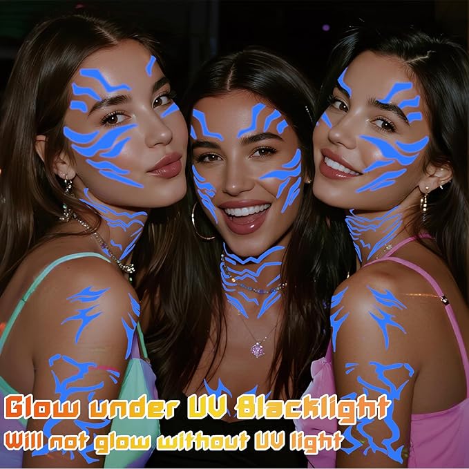 12 PCS Glow in The Dark Cosplay Purple Temporary Tattoos, Dance Fake Tattoos for Cosplay, Halloween, Music Festival, Dance Party Makeup, Fantasy Creature Design, Fantasy Theme Costume Accessories