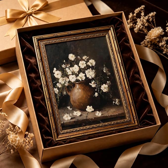 Vintage White Flower Canvas Wall Art,Gold Framed Floral Wall Decor24x16in | Antique White Flower Picture Artwork For Cottagecore Living Room, Bedroom and Entryway and Gallery Wall