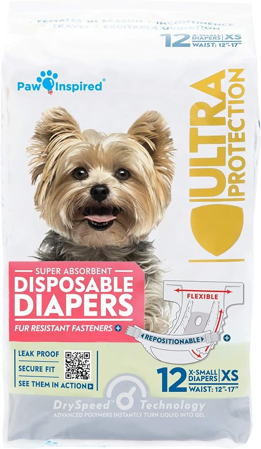 Paw Inspired Disposable Female Dog Diapers, XS Size, 12 Count | Ultra Protection, Adjustable Fasteners, Comfortable Fit, Leakproof Core, For Dogs in Heat, Excitable Urination, Incontinence