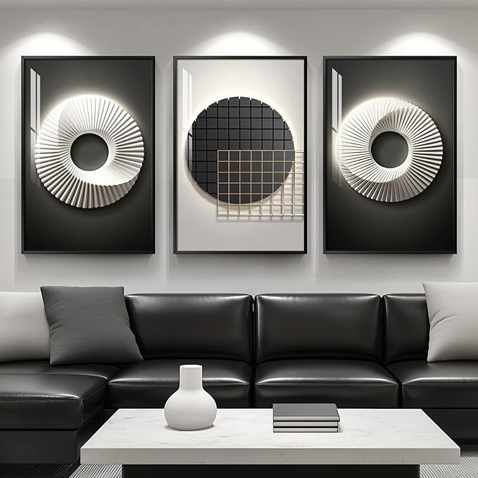 Framed Large Modern Black and White Wall Art for Living Room, 3 Piece Abstract Bright Style Picture Artwork Decor, Minimalist Geometric Painting Prints for Dining Room Hallway Office 24x36 Inch