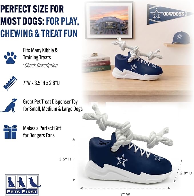 Pets First NFL Dallas Cowboys Cleat Sneaker Spike Dog Toy, Football Treat Dispenser Chew Toy for Dogs, Interactive Rope Tug Toy, Slow Feeder Natural Rubber Dog Toy with Official Team Logo
