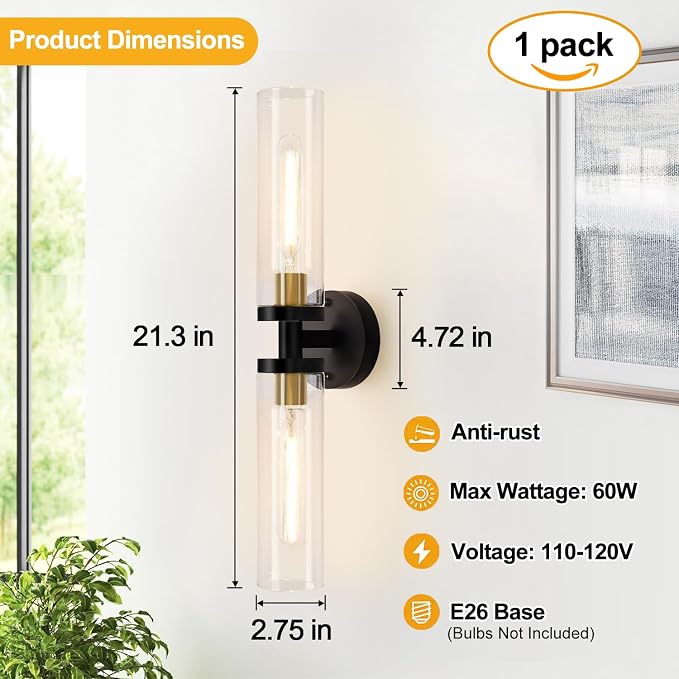 Indoi Black and Gold Wall Sconce, Hardwired Bathroom Sconces Wall Lighting with Clear Glass, Modern Sconces Wall Light fixtures for Bathroom Mirror Living Room Hallway Bedroom