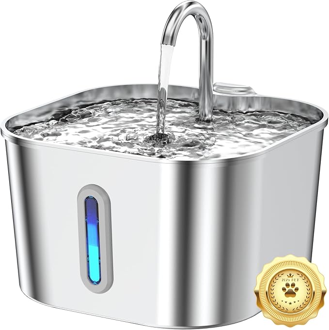 Stainless Steel Cat Water Fountain - 74oz/2.2L Cat Drinking Fountain | Quiet Cat Fountain for Indoor Cats and Small Dogs, Automatic Pet Water Dispenser Keeps Fresh Water