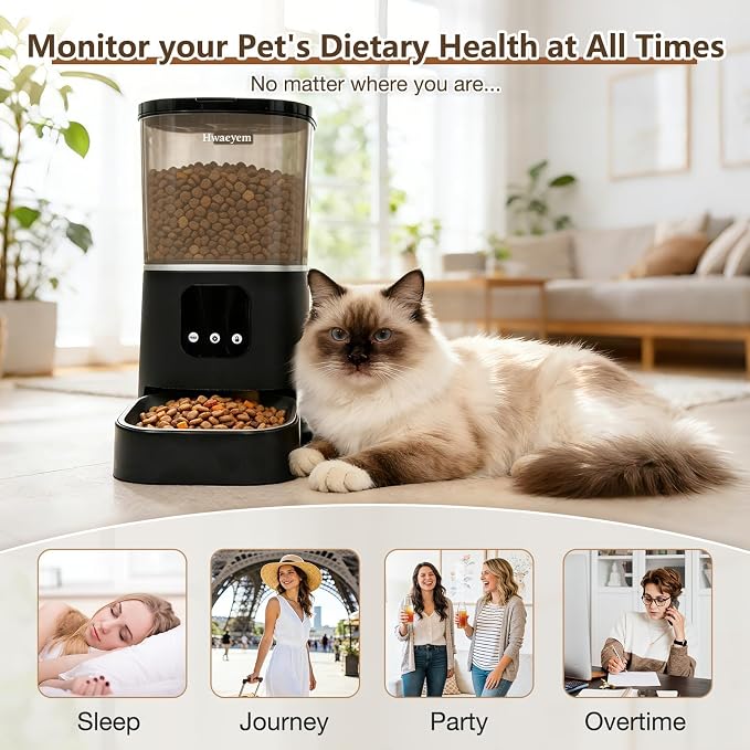 Automatic Cat Feeder, WiFi Cat Feeder Automatic with App Control for Remote Feeding, 5L Anti-Jamming Automatic Feeder Cat Dry Food, Dual Power Supply with Desiccant Bag Indoor