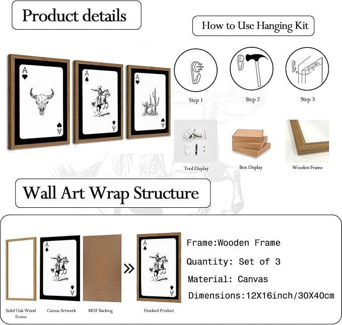 Western Cowboy Wall Art Set Of 3 Cowboy Print Playing Card Inspired Southwestern Canvas Poster Trendy Western Wall Decor Longhorn Bull Skull Room Decor for Bedroom Living Room Framed 12x16 inch