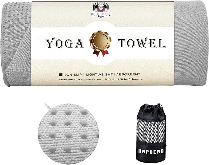 HAPBEAR Hot Yoga Towel with Non-Slip Grip Dots, 72" x 24" - Super Absorbent, Soft Microfiber Yoga Mat Towel for Bikram, Gym, Pilates - Grey
