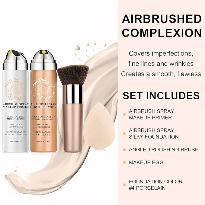AirBrush Foundation Spray With Airbrush Primer, Silky Mist Foundation Spray Makeup, Full Coverage Foundation for Smooth Radiant, Formula Breathable Lightweight Hydrating (04 Porcelain)
