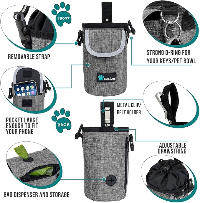 PetAmi Dog Treat Pouch, Large Hands-Free Training Bag, Gray