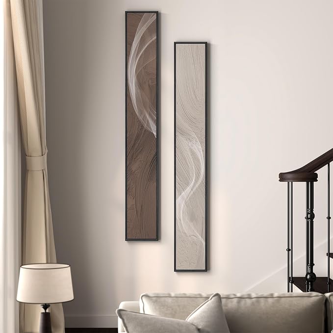 Large Framed Long Narrow Vertical Neutral Abstract Wall Art Set of 2, Beige Brown Modern Canvas Prints Paintings Artwork for Walls, Minimalist Pictures for Entryway Hallway Living Bedroom Wall Decor