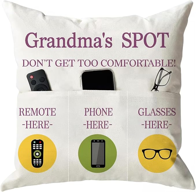 ONFAON Grandma Gifts, Grandma's Spot Throw Pillow Covers 18x18 Inch,Put Phone Glasses and Remote Control Pillowcase,Birthday Christmas Thanksgiving Day Gifts for Grandma Mom,3-Pocket